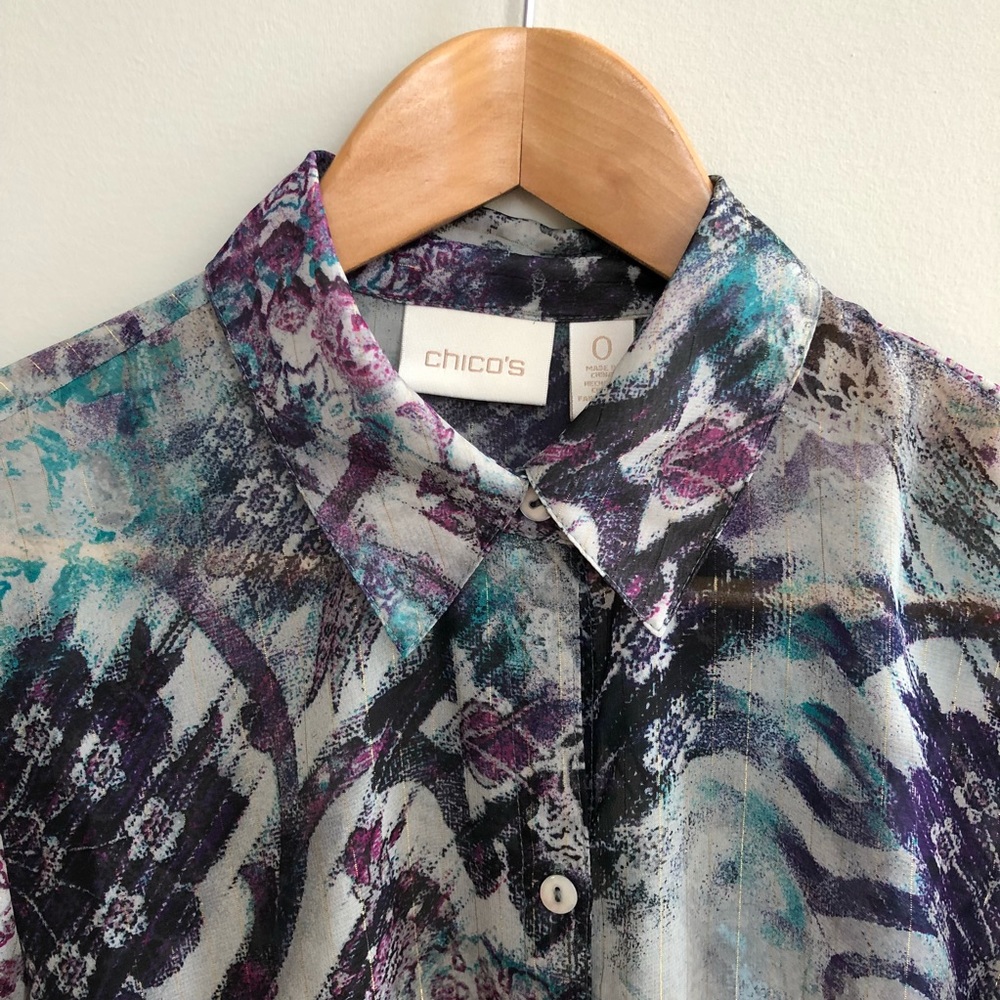 Chicos Long Sleeve Top Button Down Sheer Paisley - Picture 3 of 8
